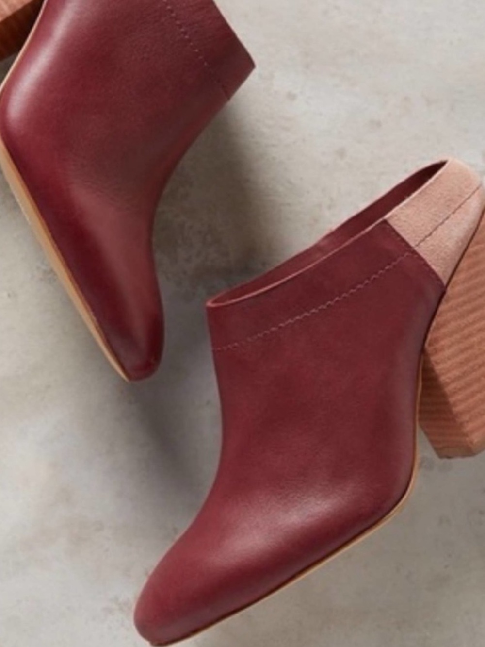 Anthropologie Wine  Leather Ankle Booties with suade Tan Back Panel